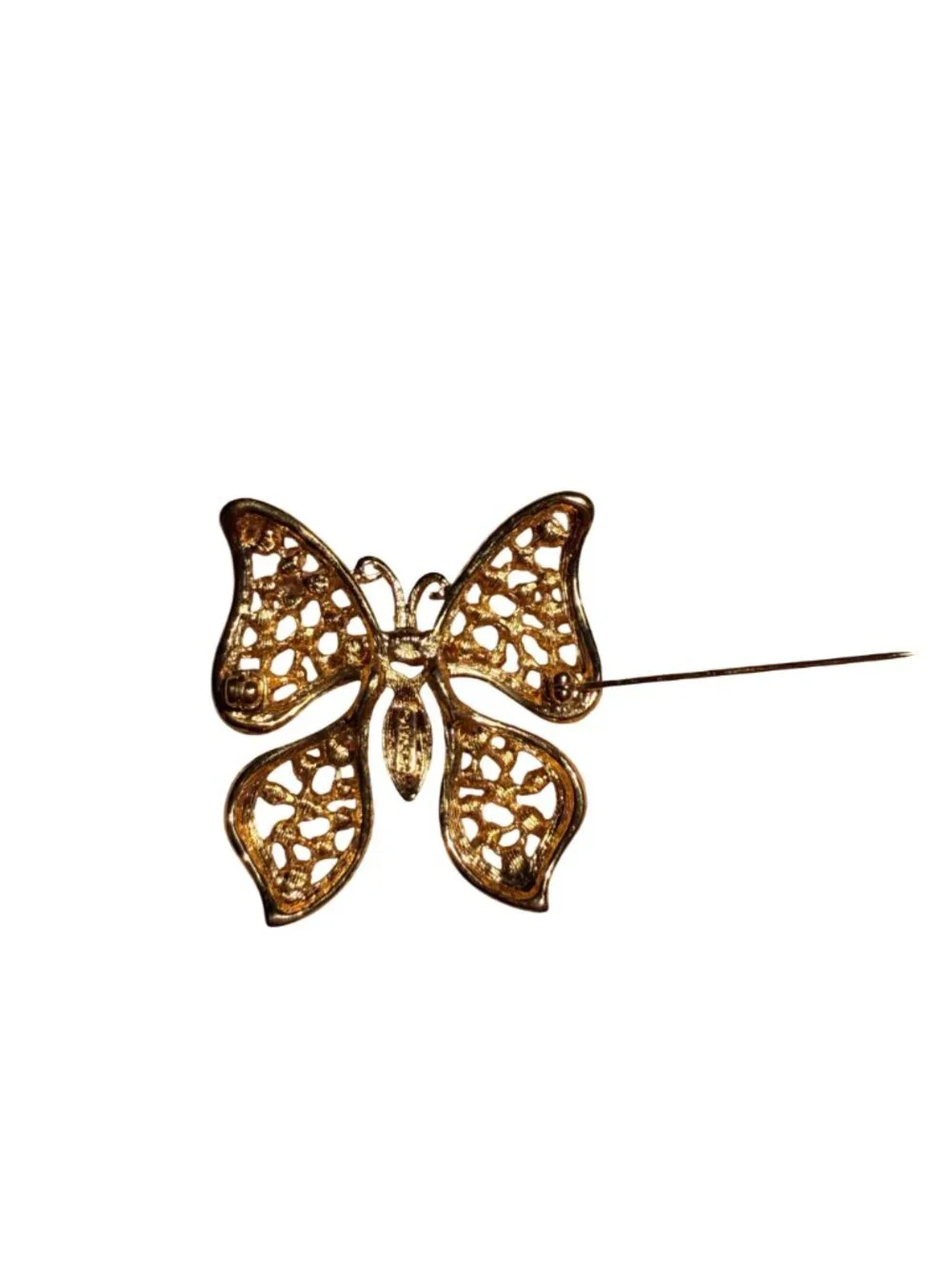 Vintage Monet Butterfly Brooch Gold Tone Rhinestone Openwork Pin Designer Jewelr